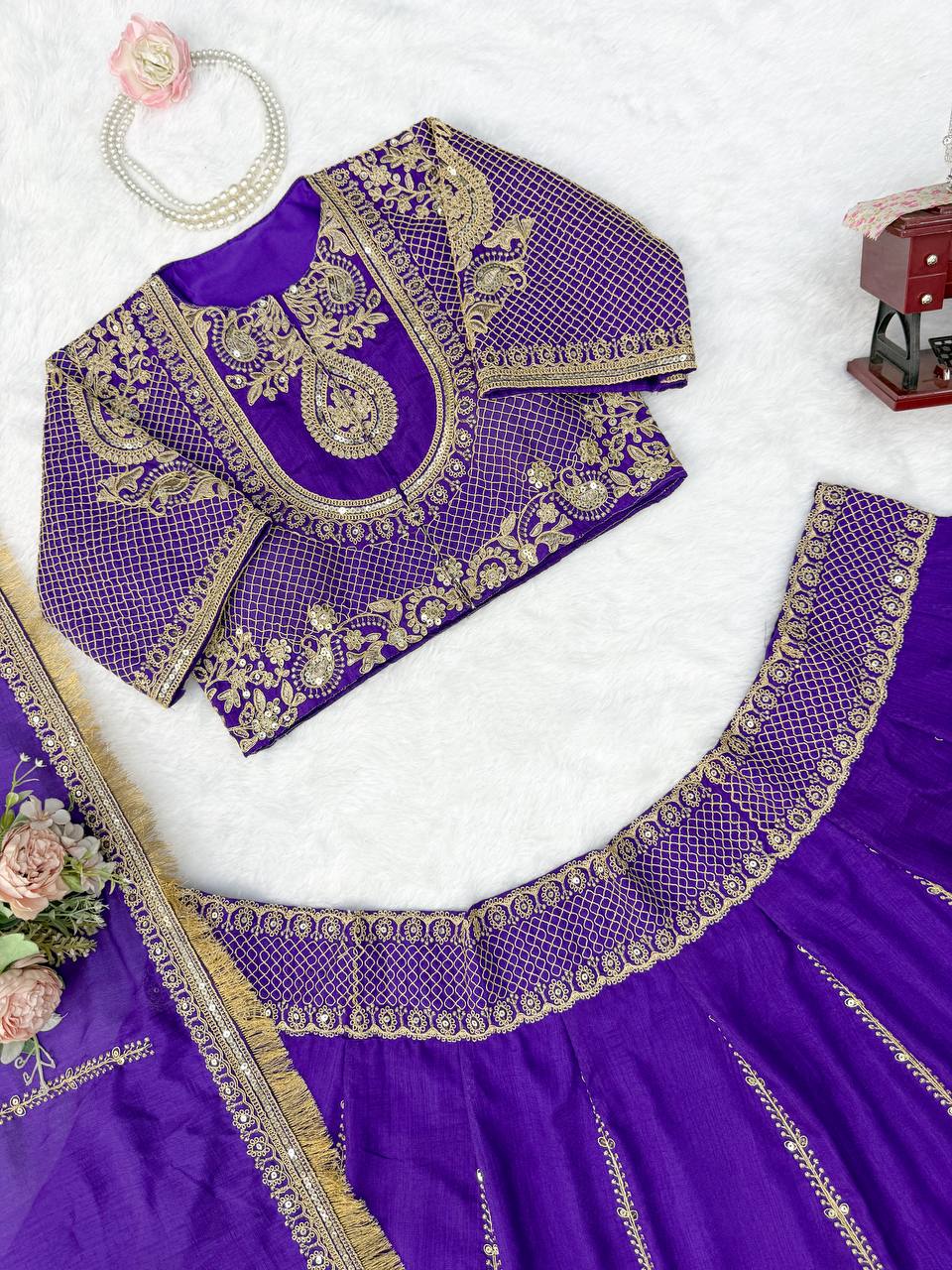 Royal Amethyst Purple Silk Lehenga Choli with Majestic Gold Zari Heritage Motifs and Elaborate Borders